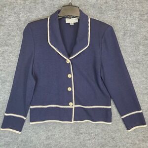 St.‎ John Collection By Marie Cardigan Size 10 Blue Cream Trim Gold Buttons Knit